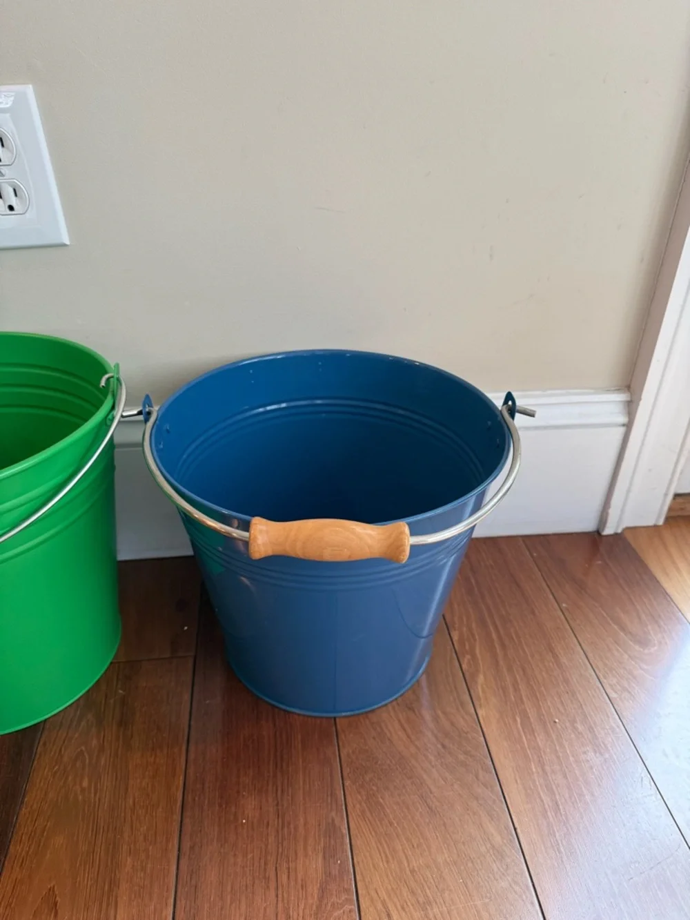 IKEA Yellow, Green, and Blue Metal Buckets with Wooden Handles